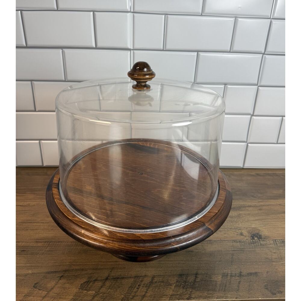 Vintage Wooden Pedestal Cake Plate With Plastic Lid Cake Era 70s/80s
